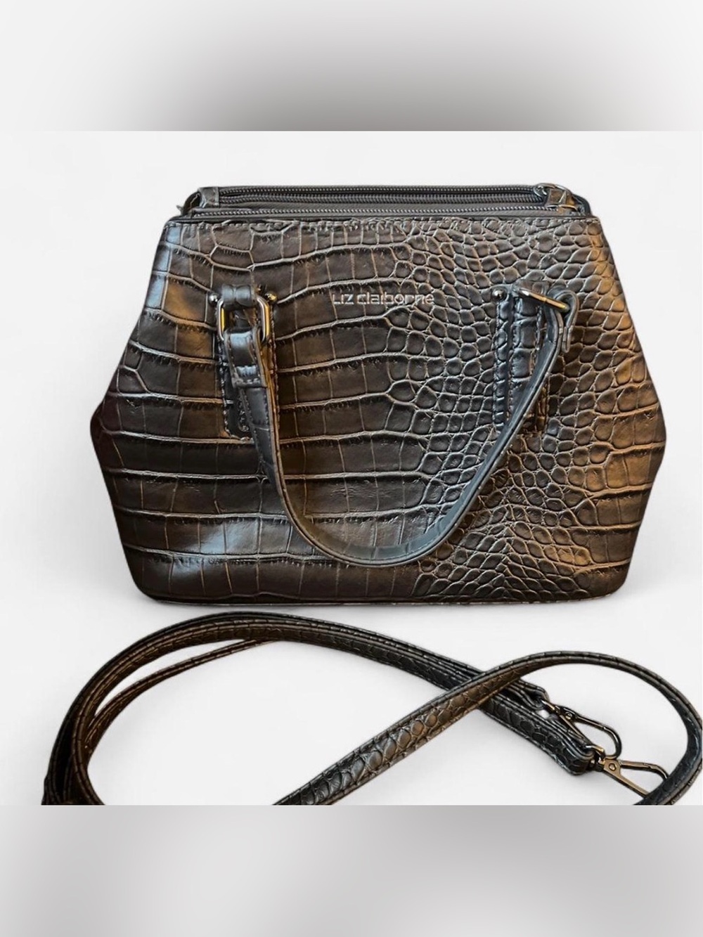 Liz Claiborne Silver Croc-Embossed Top-Handle Satchel with Strap